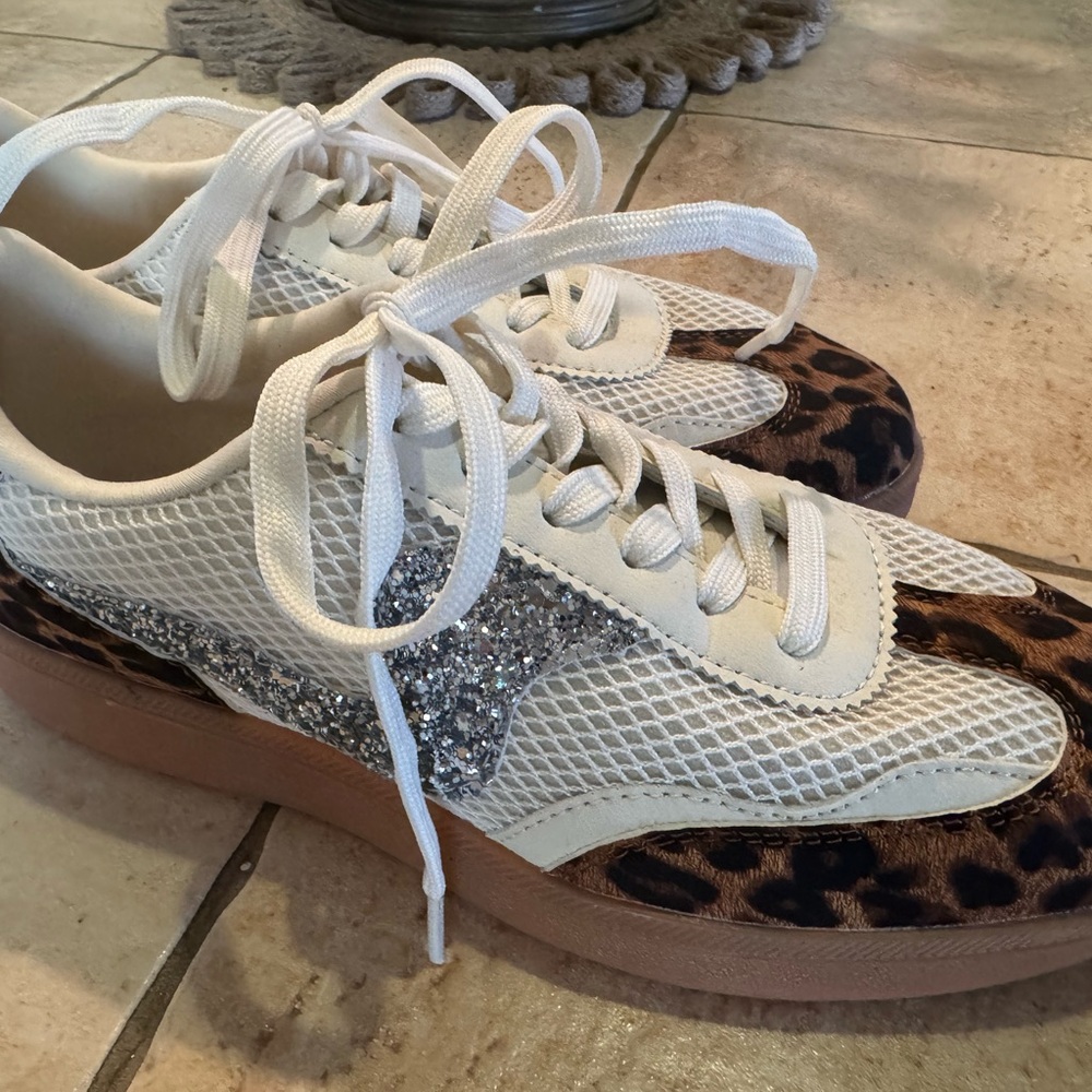 Women's White and Leopard Print Sneakers